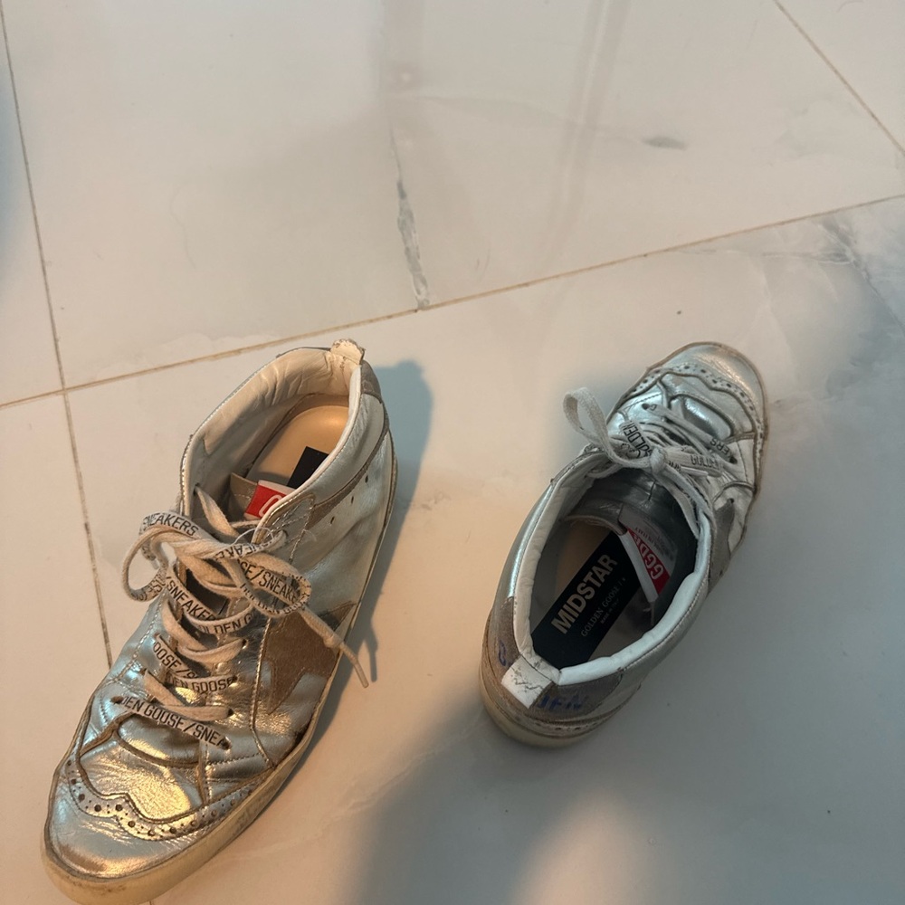 Golden Goose Metallic Silver and White Mid-Star Sneakers